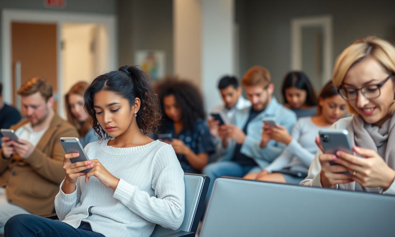 People in a waiting room scrolling on phones