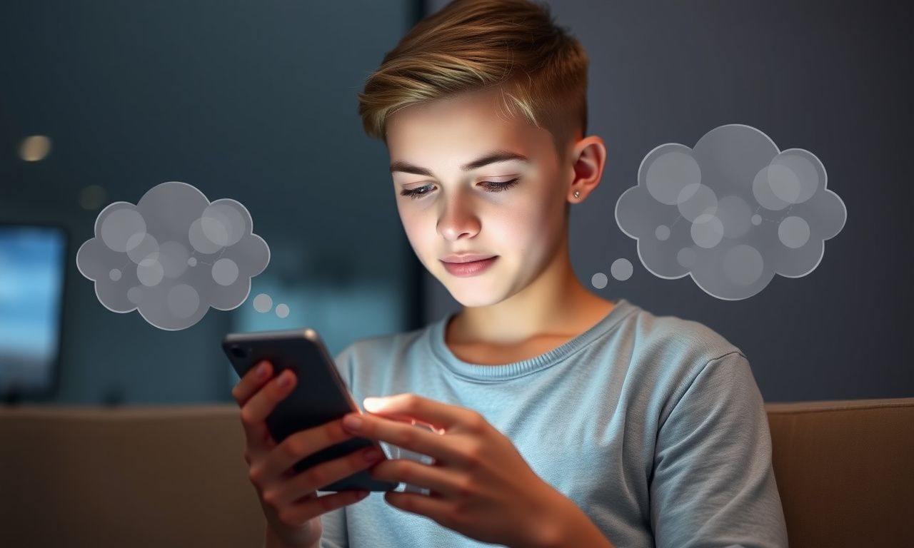 Teen using phone with thought bubbles depicting attention fragmentation