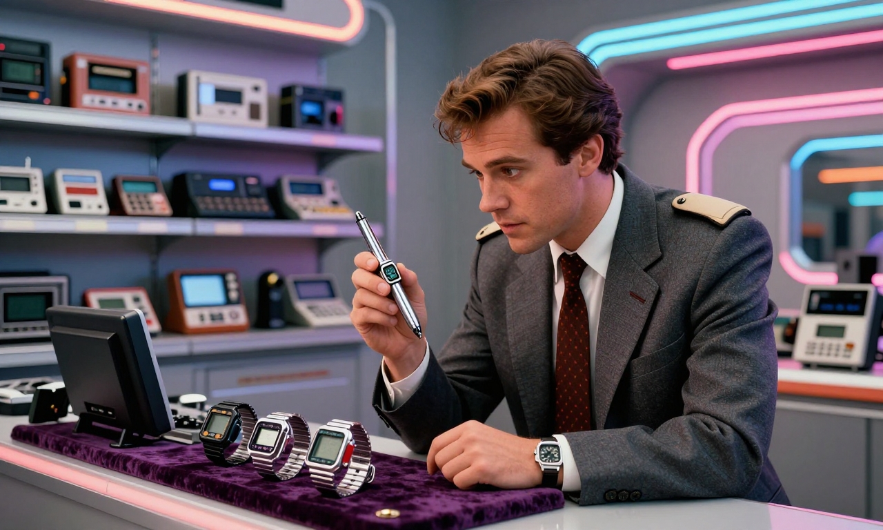 1980s electronics store customer examining watch pen