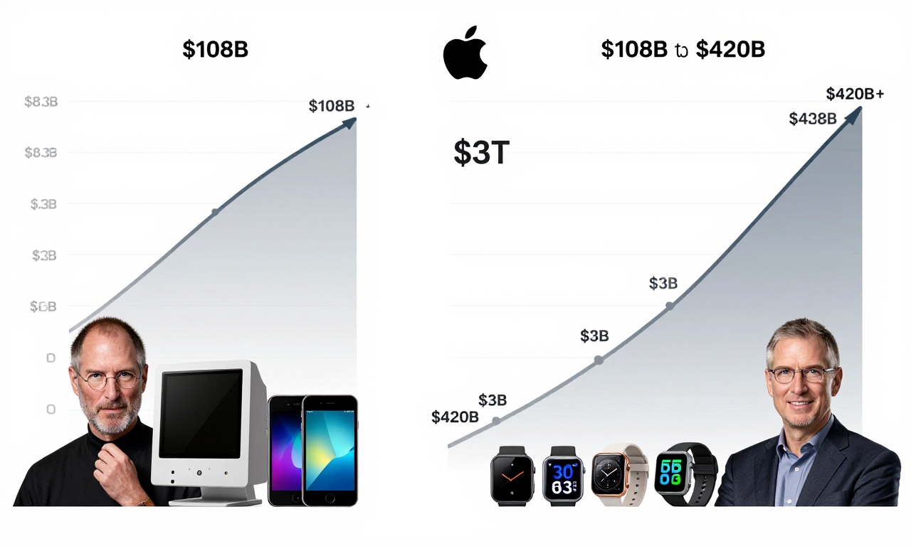 Infographic comparing Apple's financial performance under Jobs and Cook