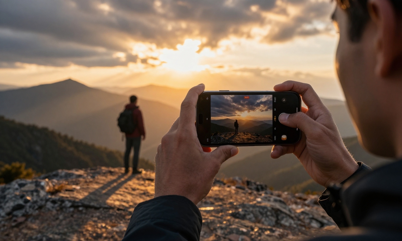 Photographer using iPhone to capture sunset landscape