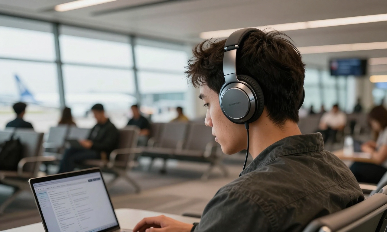 Traveler using noise-cancelling headphones in airport