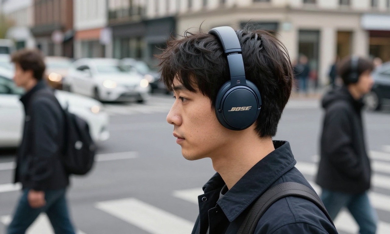 Person using Bose QuietComfort Ultra 2 ANC on busy street