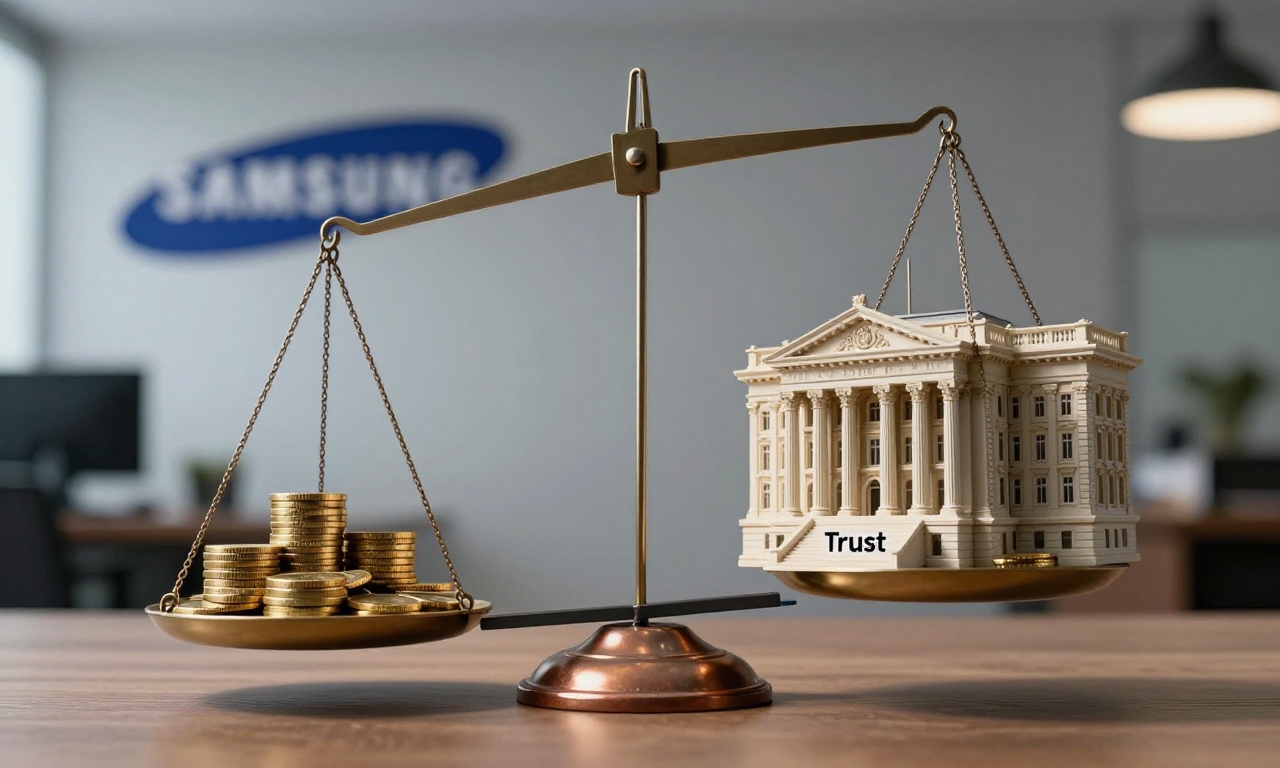 Scale balancing coins and a model building representing trust