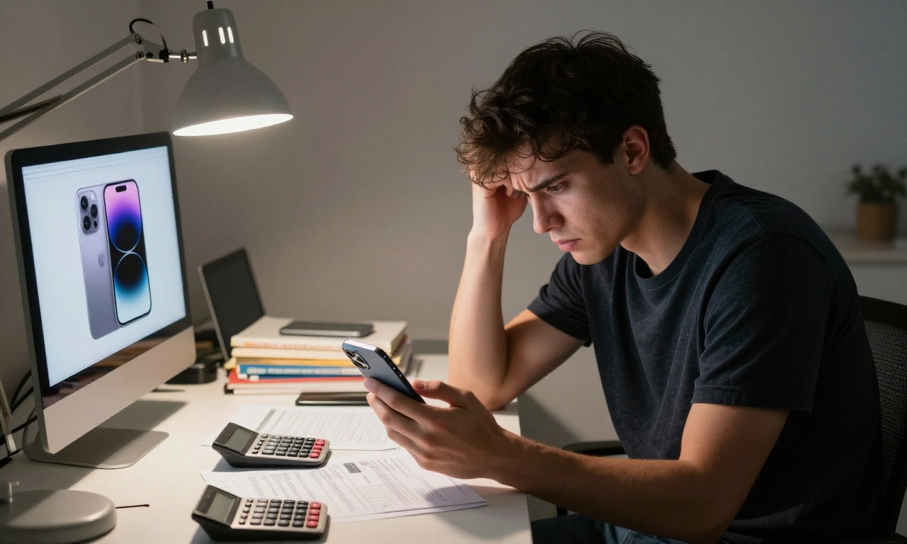 Person struggling with iPhone upgrade decision at desk