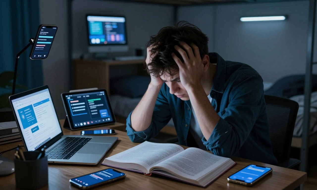 Overwhelmed student with multiple digital distractions