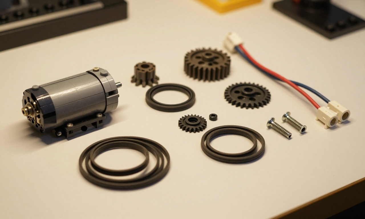 Disassembled LEGO Technic power pack components on a workbench