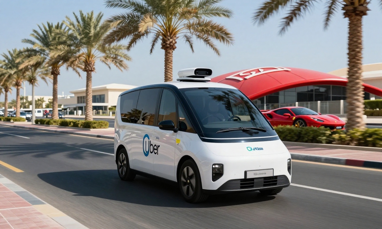 Driverless Uber taxi on Yas Island road in Abu Dhabi