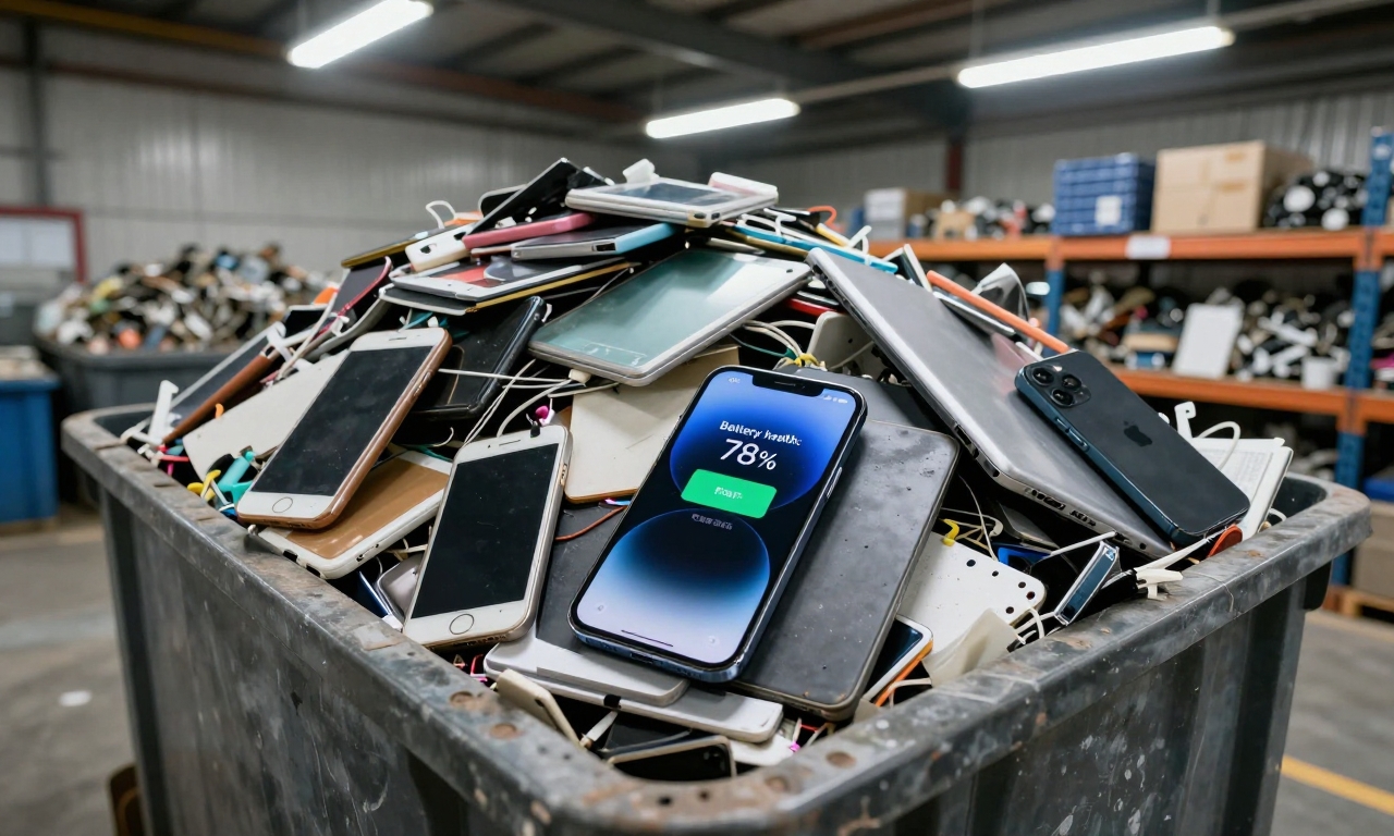 Pile of electronic waste with a smartphone showing battery warning