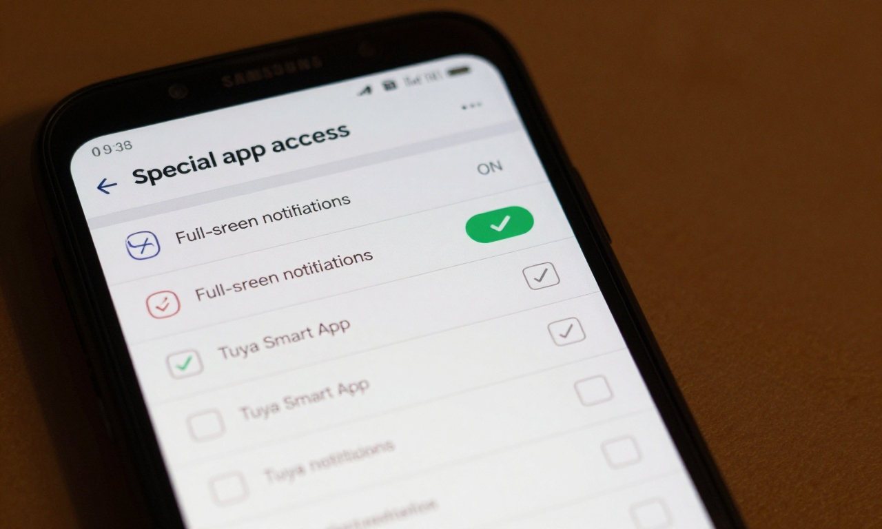 Samsung phone showing full-screen notification permission enabled for Tuya app