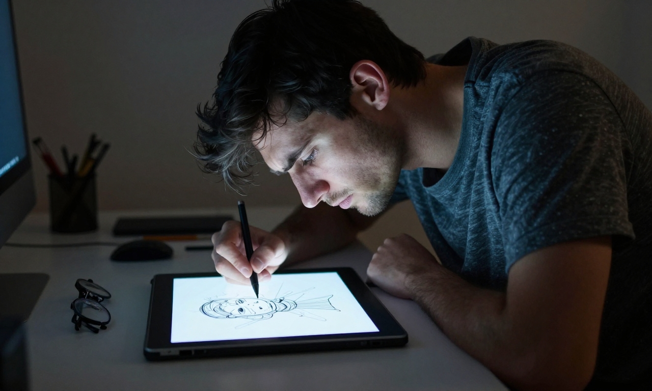 Artist experiencing eye strain while using screen tablet