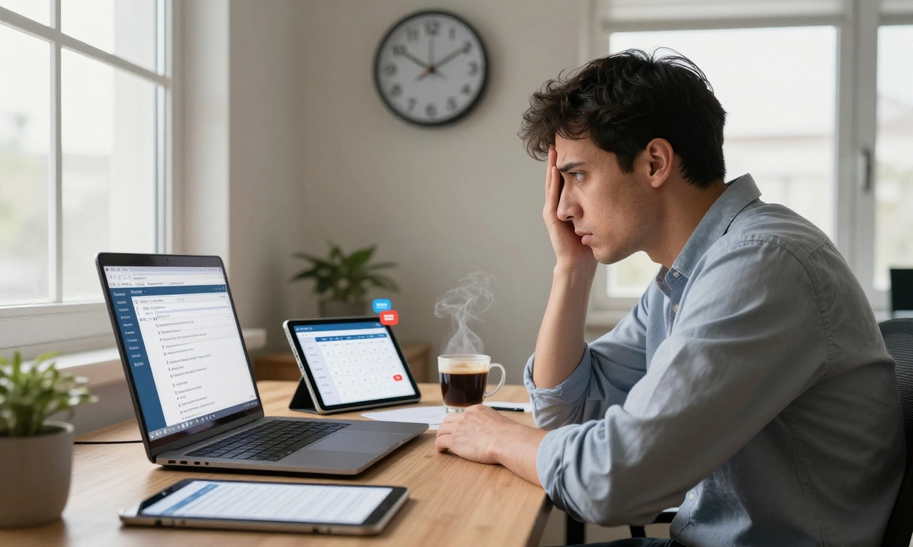 Professional overwhelmed by multiple device notifications in morning