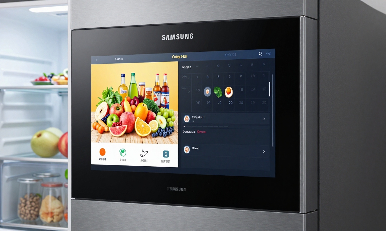 Close-up of smart fridge screen showing ads and family info