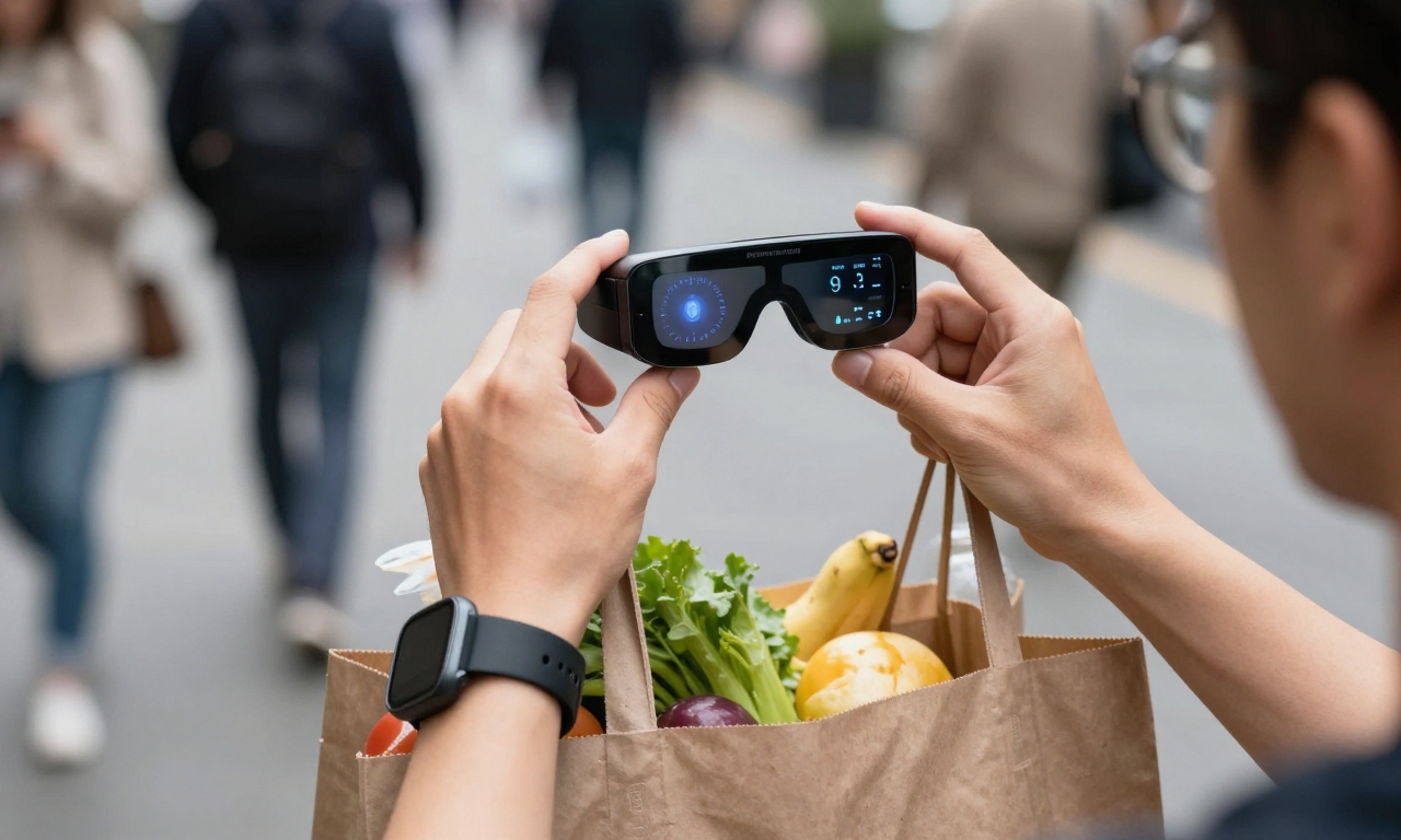 Person multitasking with grocery bags while controlling devices through wrist gestures