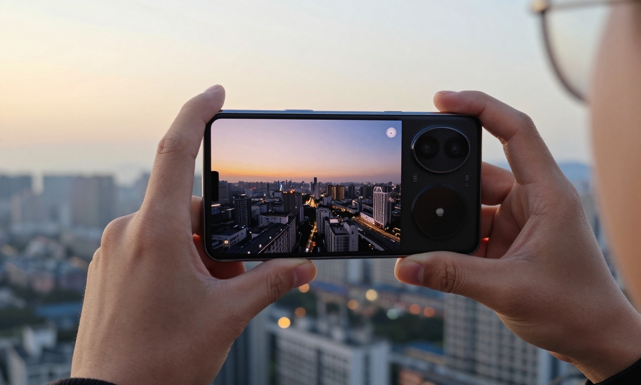 Person using Honor Magic V5 camera to photograph a cityscape