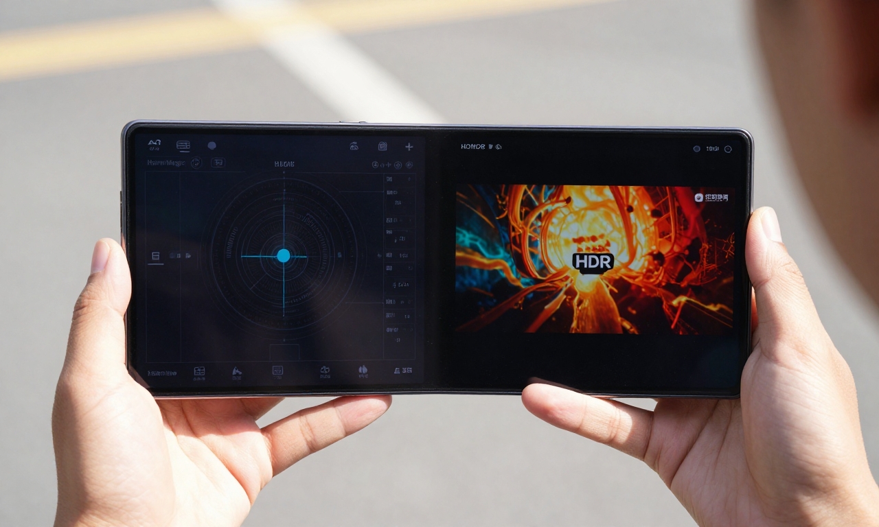 Honor Magic V5 unfolded with bright displays visible in sunlight