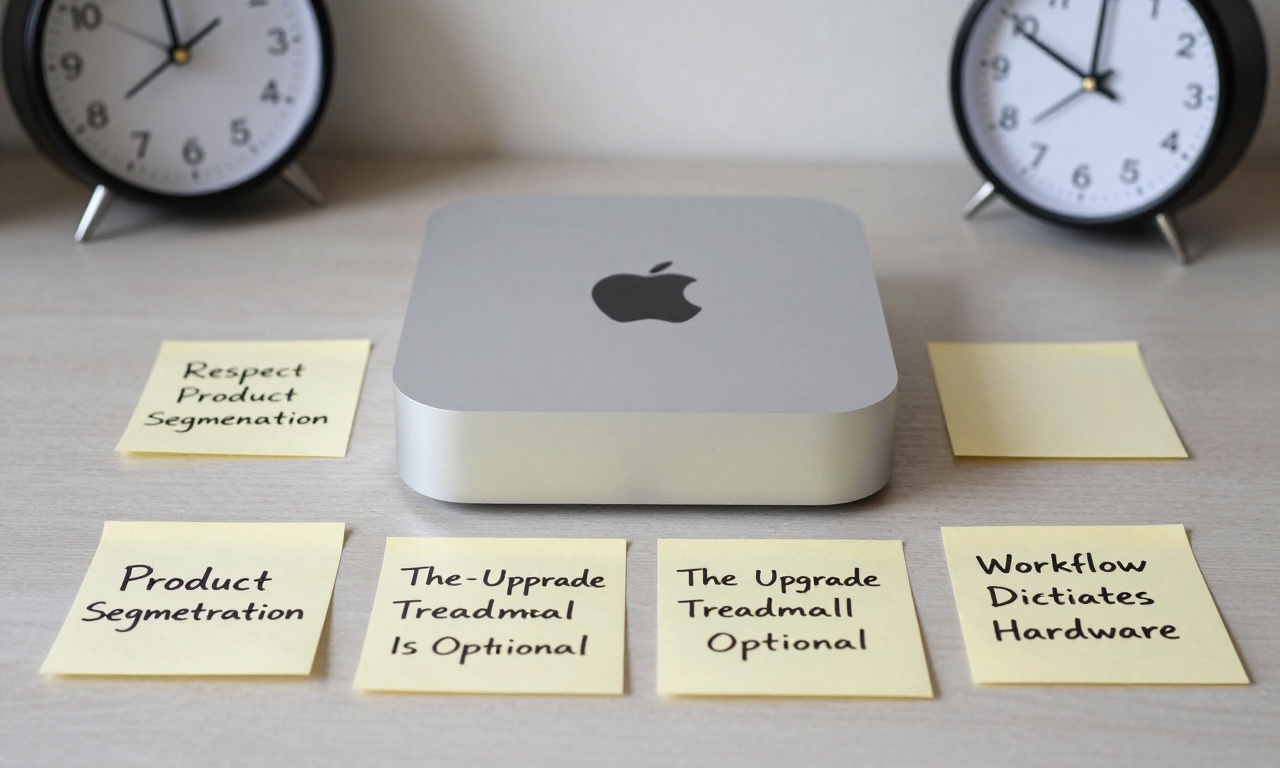 Mac mini surrounded by lesson cards about smart tech purchasing