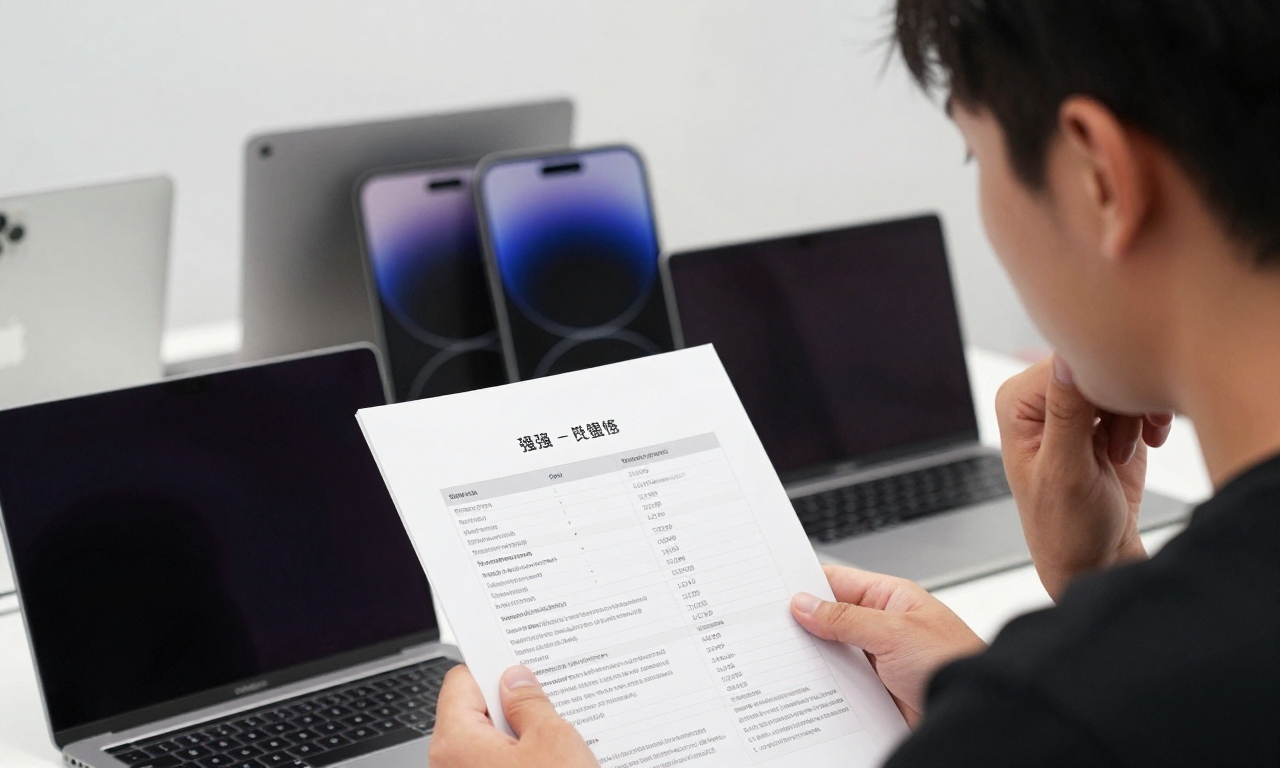 Person analyzing Apple products with balanced perspective