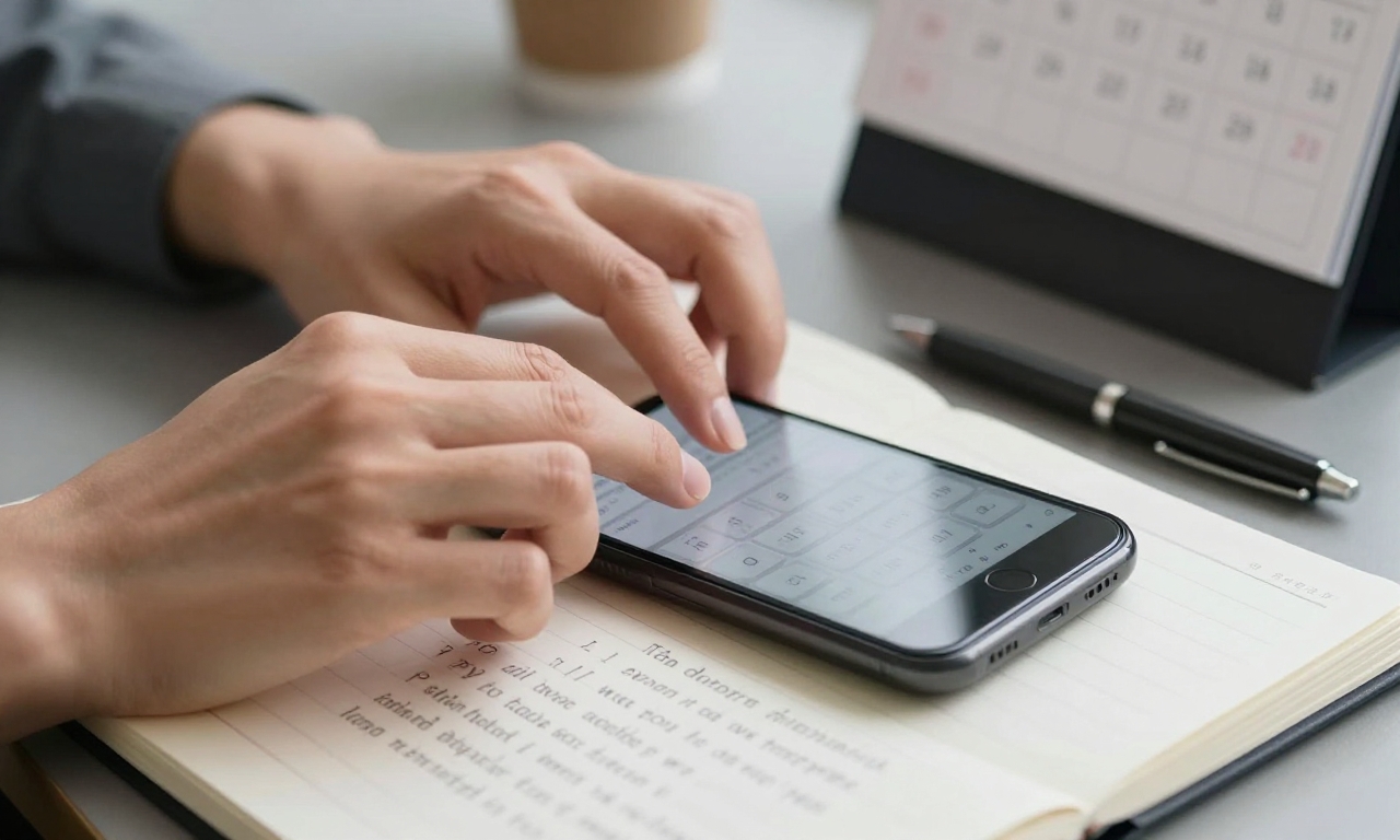 Hands typing thoughtfully on smartphone with communication notes visible