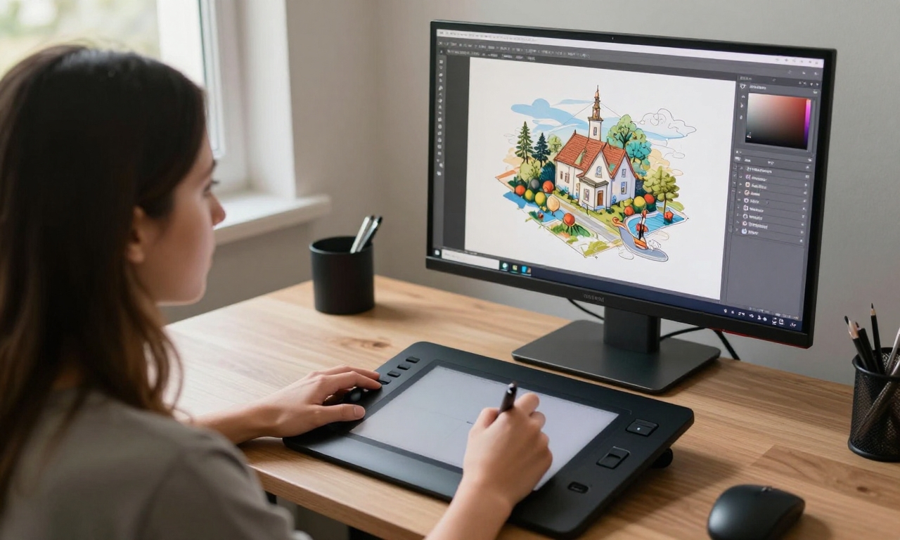 Artist using pen tablet with separate monitor display