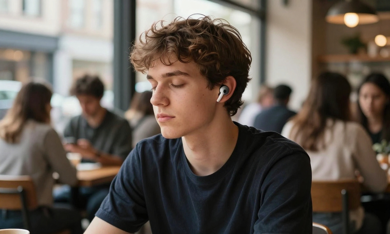 Person wearing AirPods Pro 3 in a busy café
