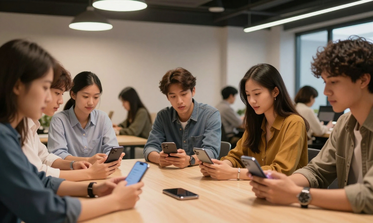 Group of professionals with iPhones in co-working space