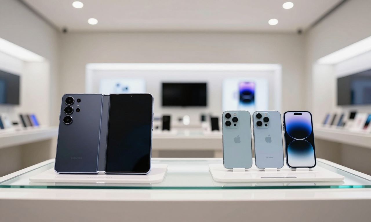 Samsung and Apple smartphones displayed in UAE electronics store