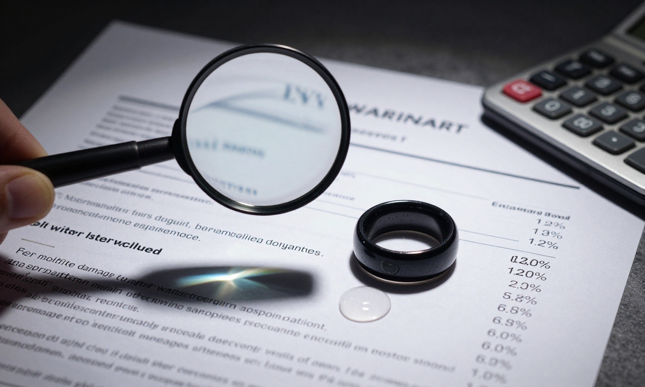Magnifying glass examining smart ring warranty fine print