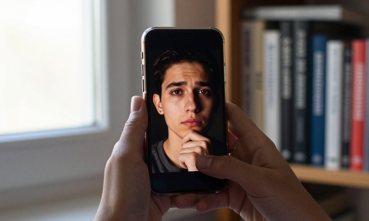 Smartphone reflecting user's face with personal growth books in background