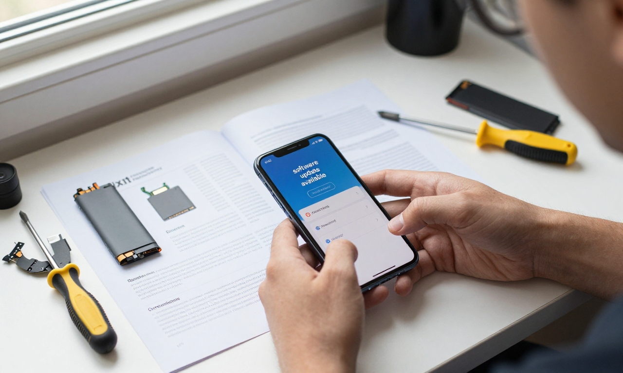 Person using repair guide and tools for a smartphone on a desk