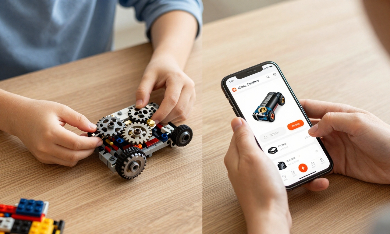 Split image of child building LEGO and adult shopping on phone