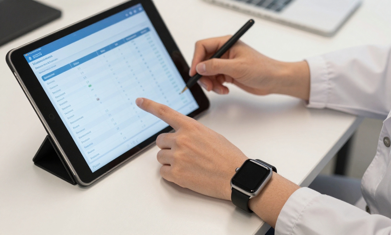 Researcher analyzing health data on tablet with Apple Watch
