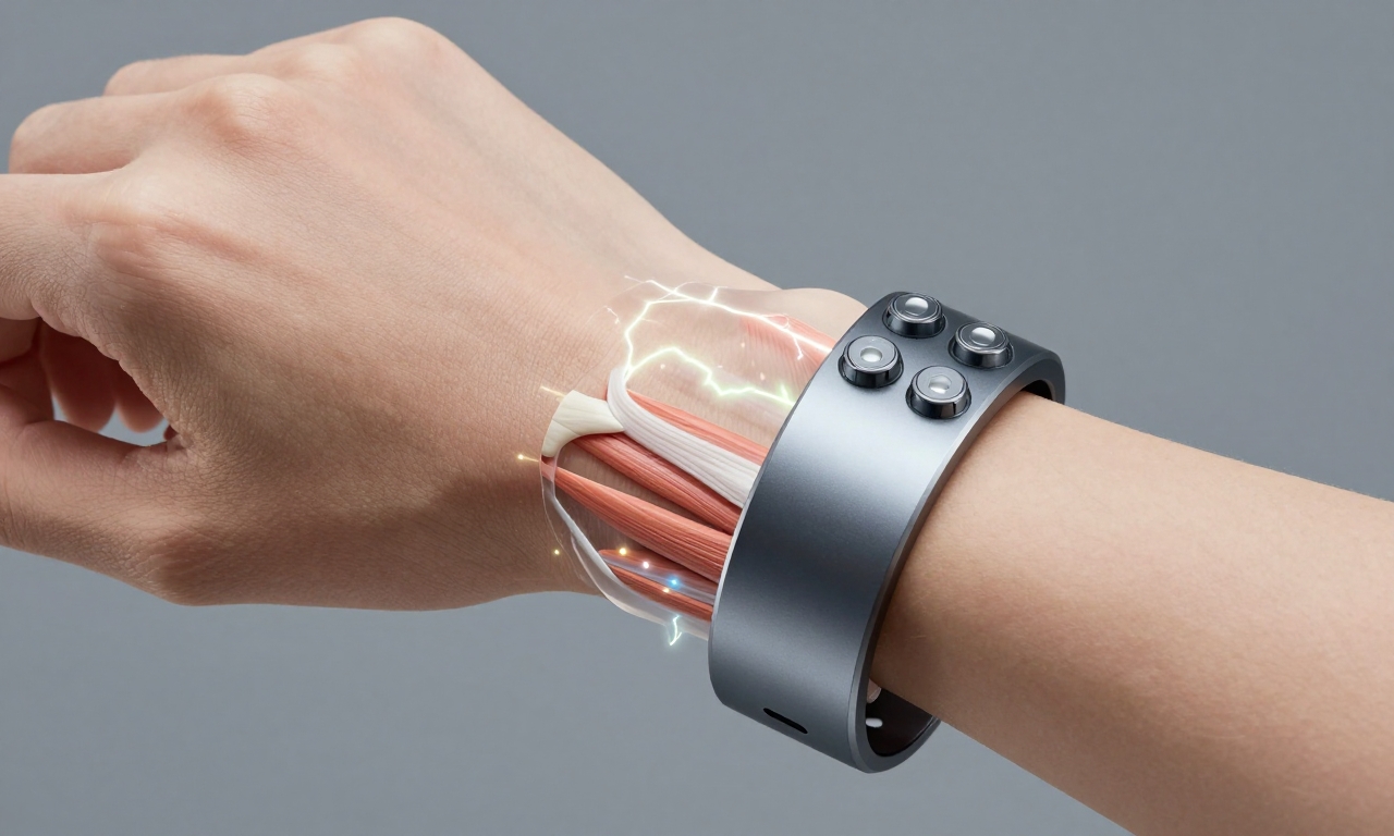 Close-up of sEMG technology showing muscle electrical signals detected by wristband sensors