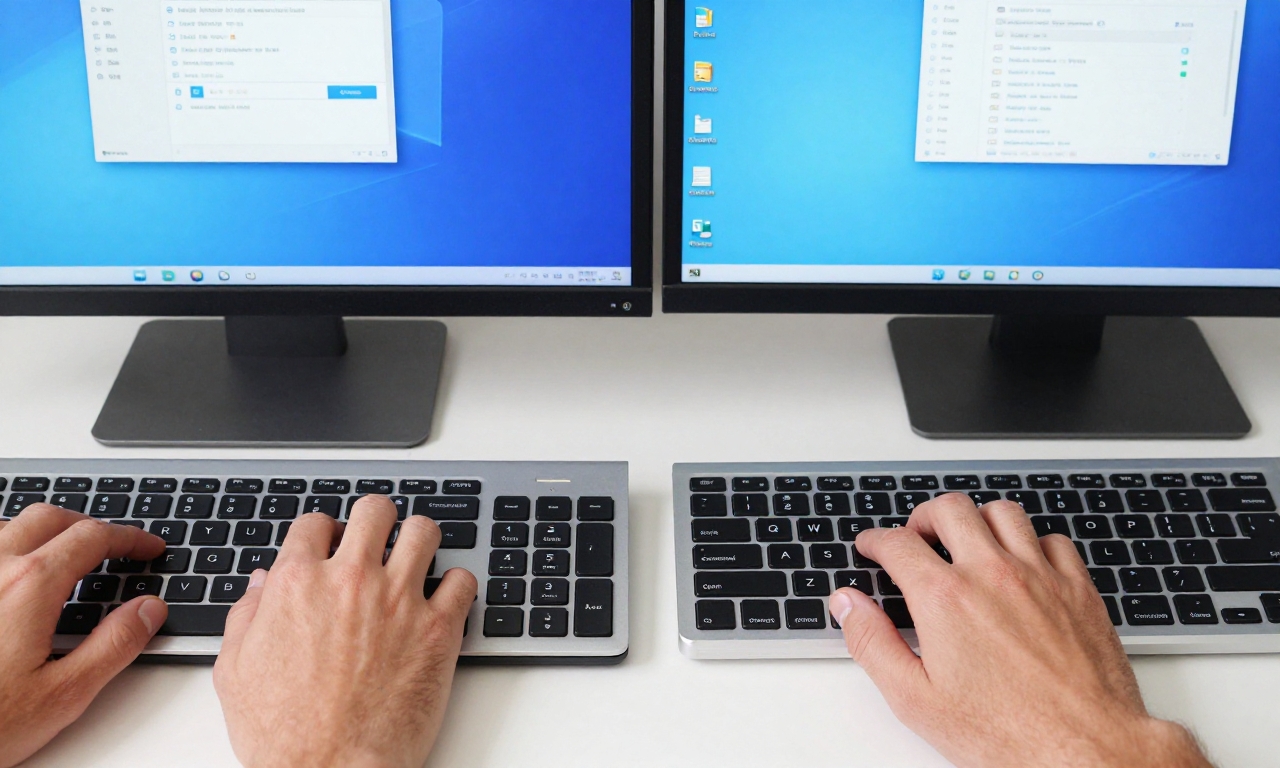 Hands between Windows and macOS keyboards during system transition
