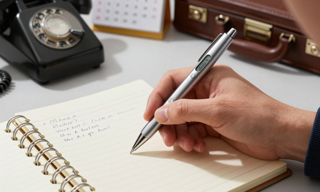 Person using chrome LCD watch pen to write and check time