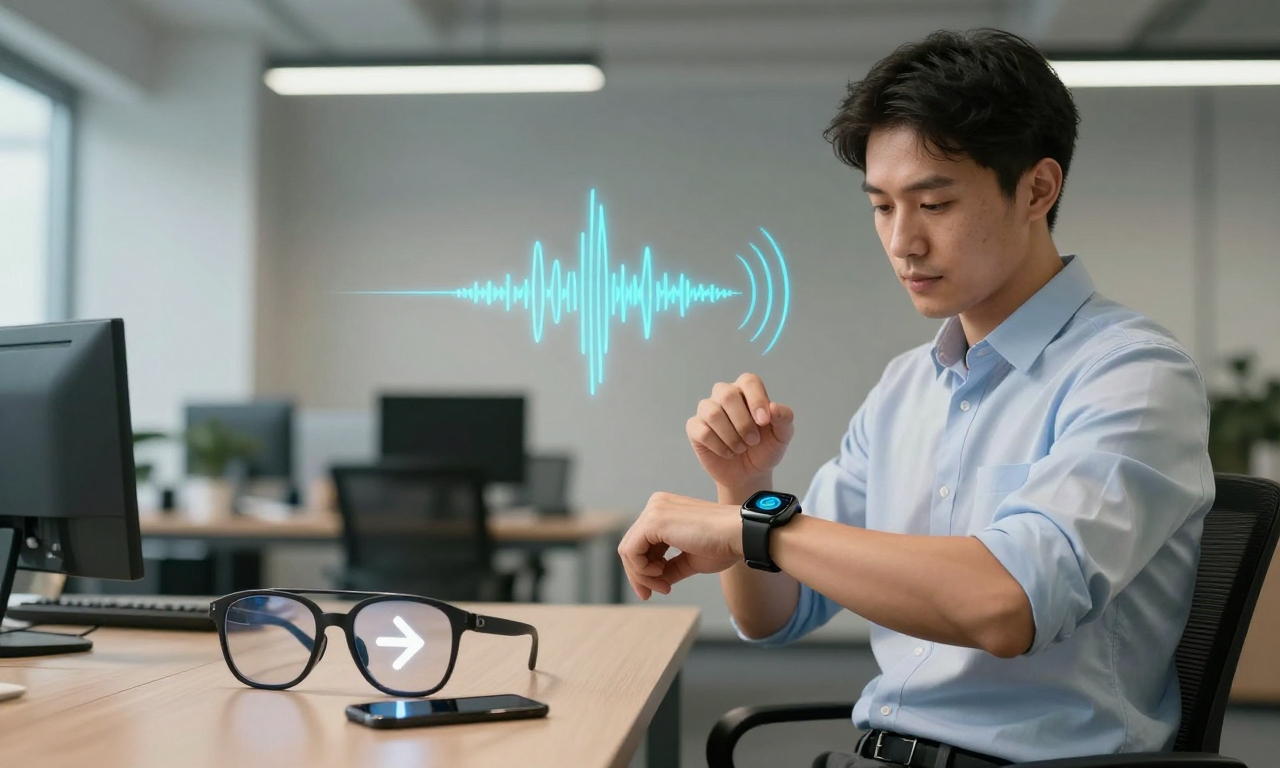 Developer using smartwatch gestures and AR glasses overlay