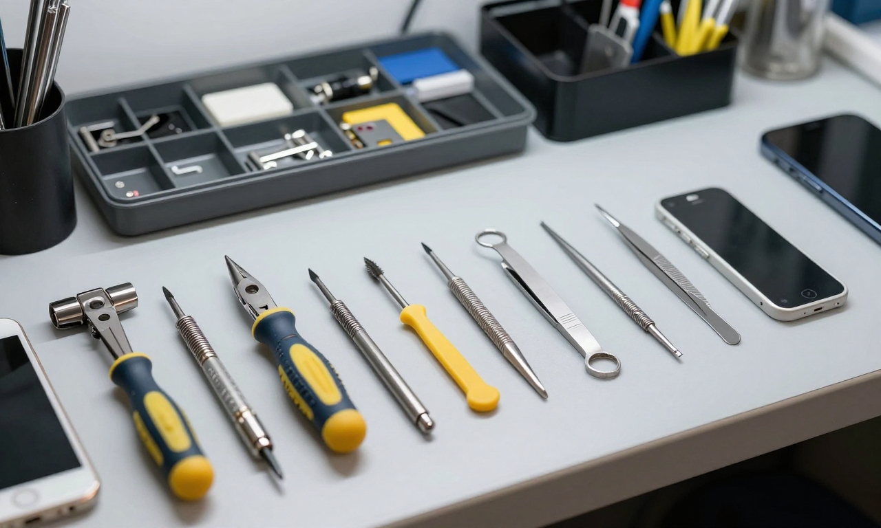 Professional smartphone repair tools arranged on workbench