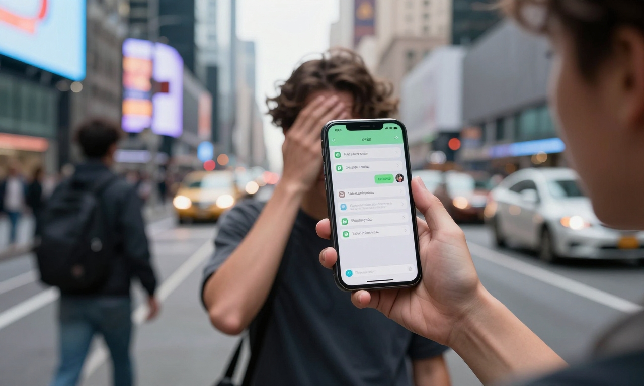 Person overwhelmed by smartphone notifications in city