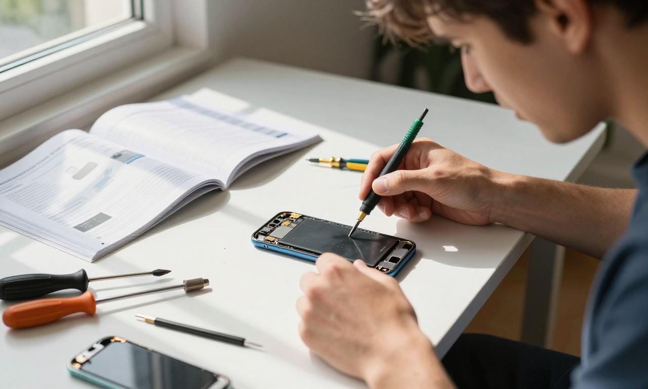 Person struggling with difficult smartphone repair at home