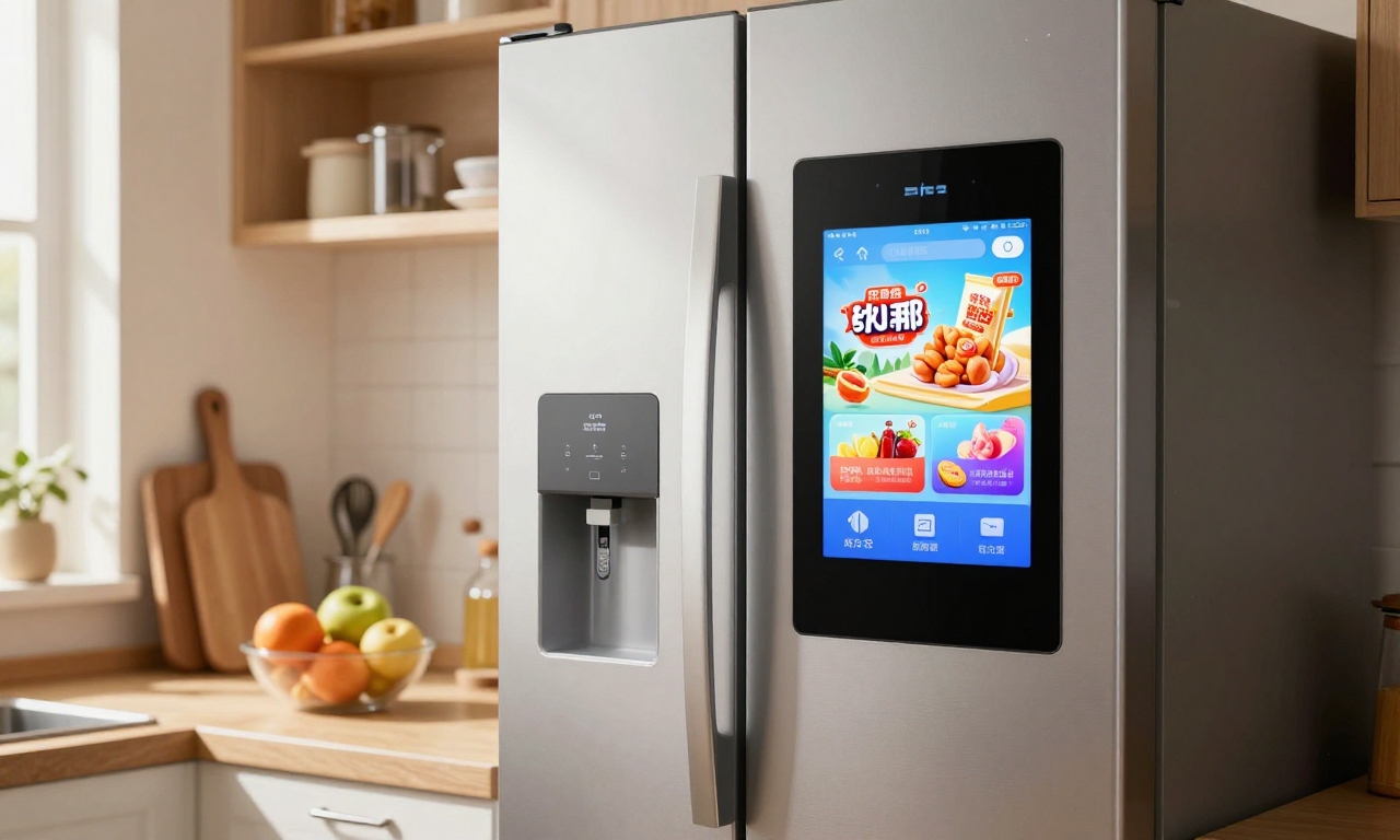 smart refrigerator screen showing ads in personal kitchen