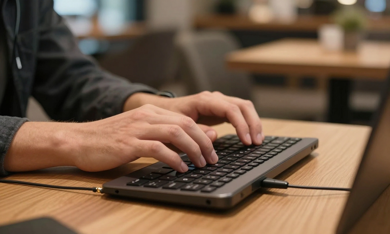 Person using physical keyboard phone with wired headphones