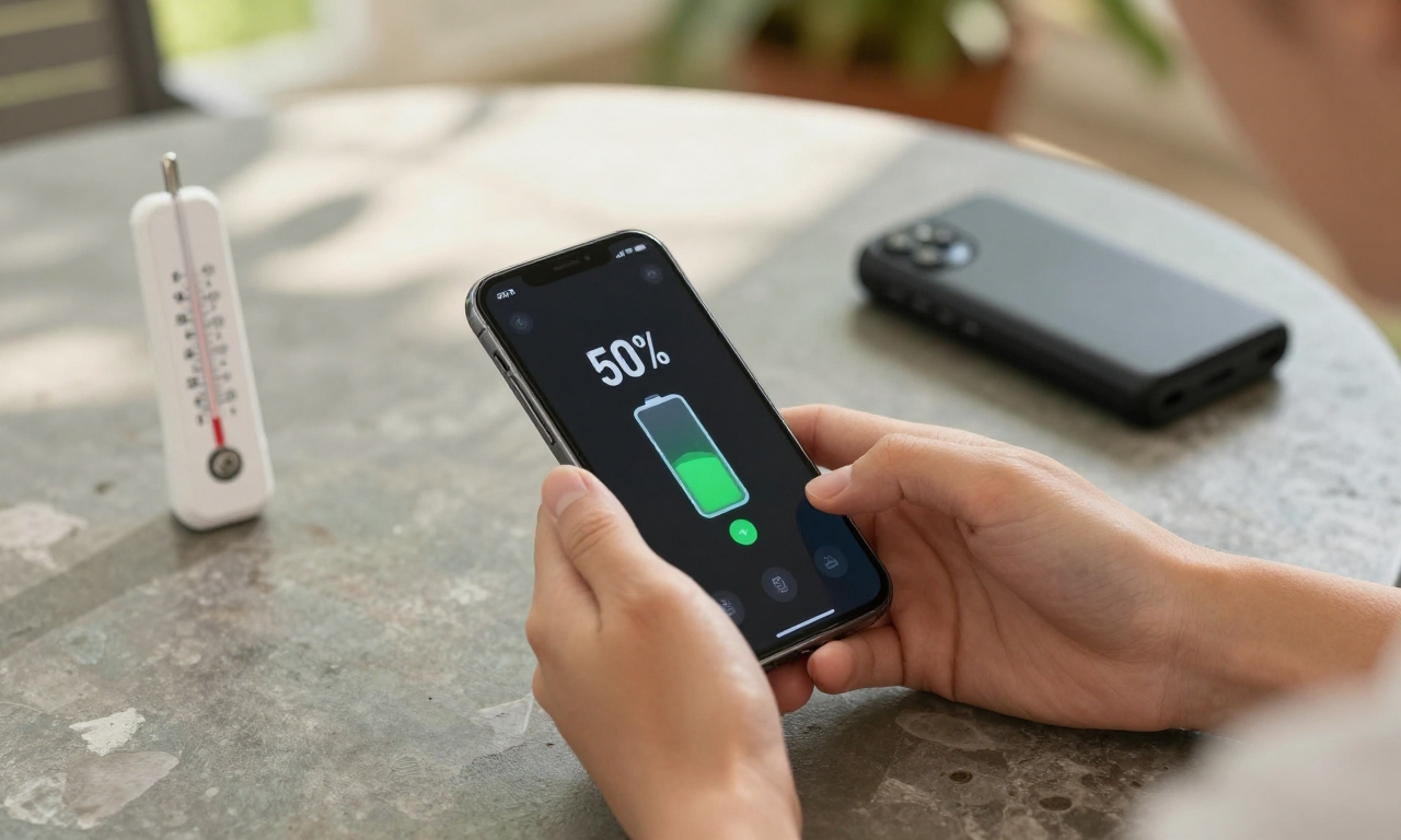 Person optimizing smartphone battery in shaded area