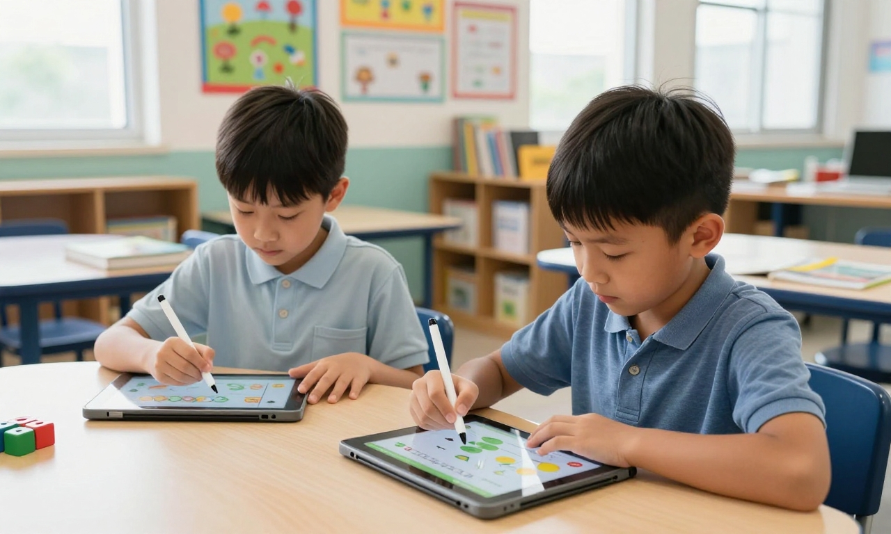 elementary students using educational tablets