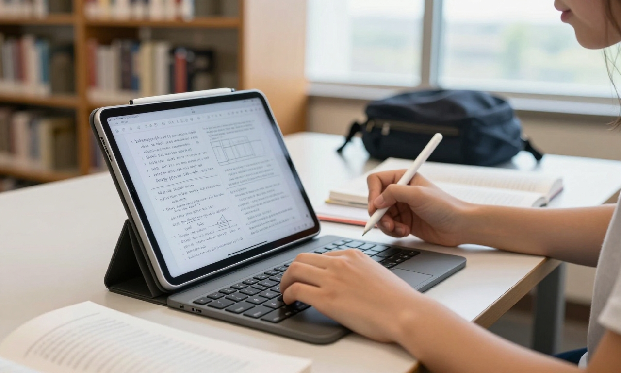 student using tablet with keyboard and stylus for notes