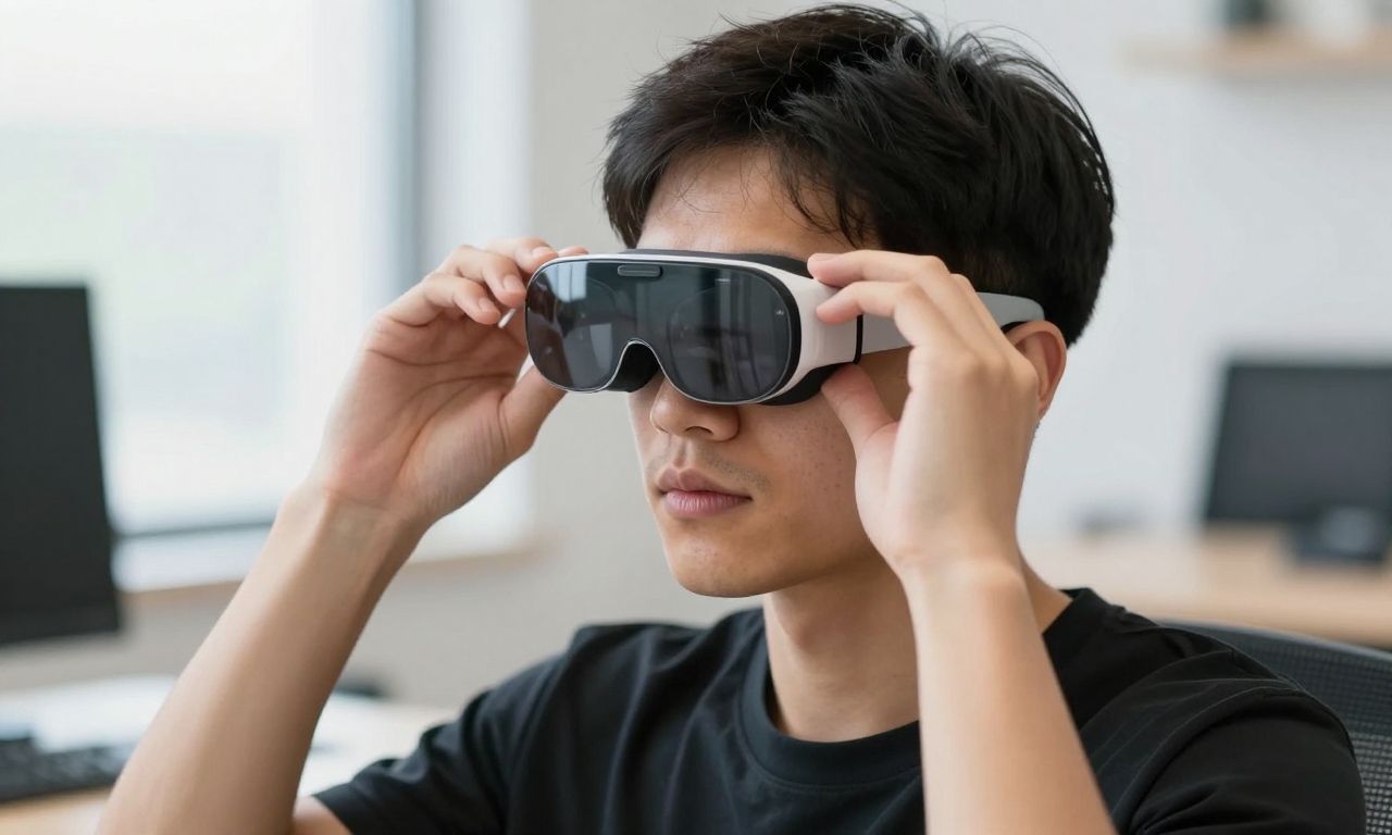 Person adjusting AR glasses for comfort