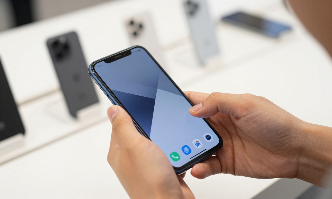 person testing smartphone in retail store environment