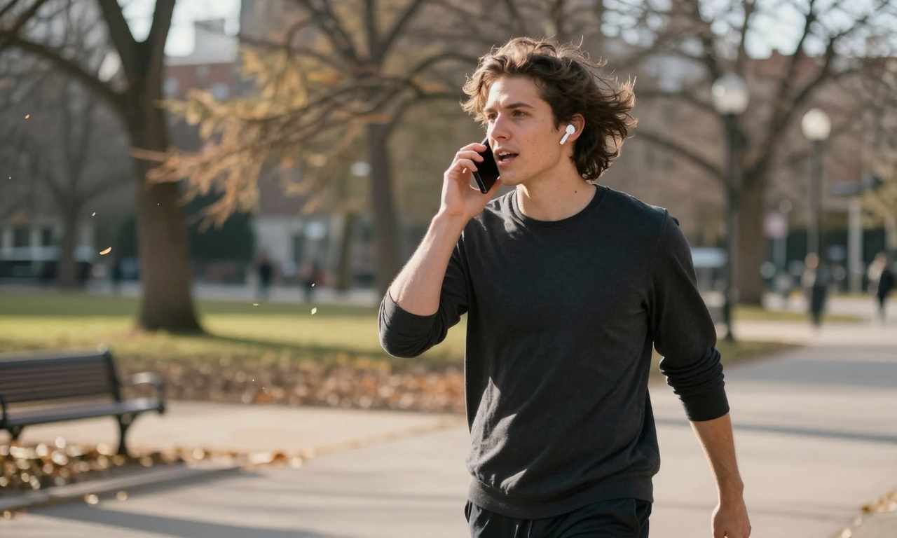 Person making call with earbuds in windy conditions