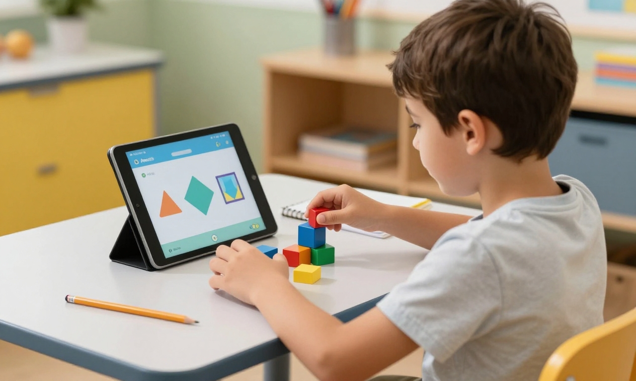 Elementary student using tablet with hands-on materials