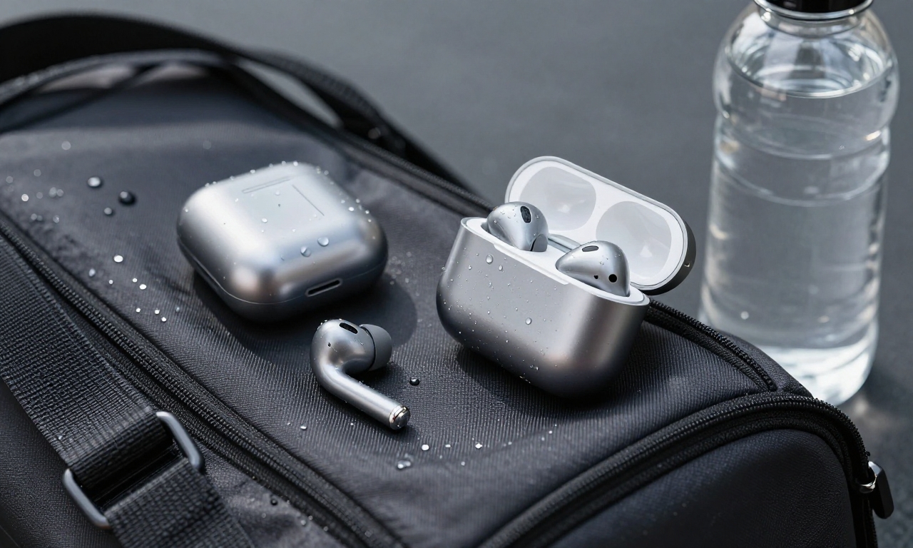 Earbuds with water droplets on gym equipment