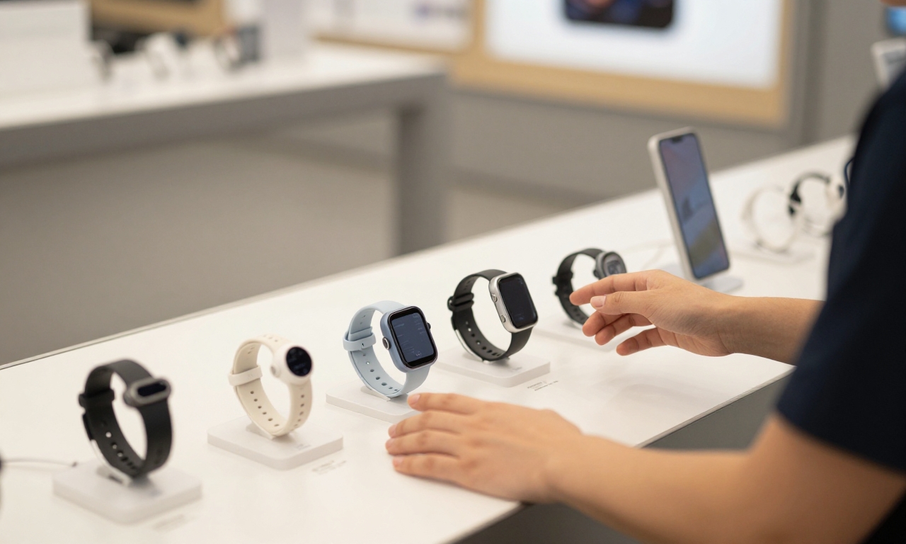 Consumer comparing wearable devices in store